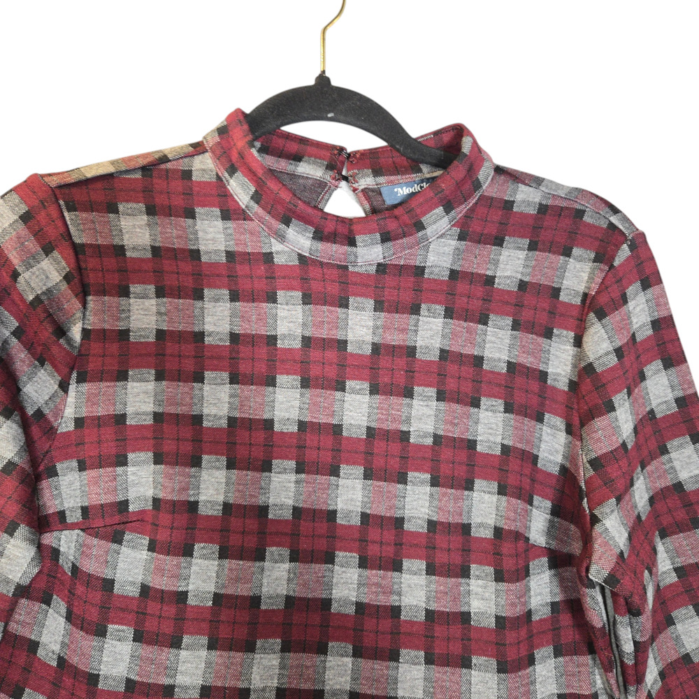 NWOT Modcloth Womens Large Fit & Flare Dress Plaid Burgundy Stretch Preppy - Picture 3 of 15